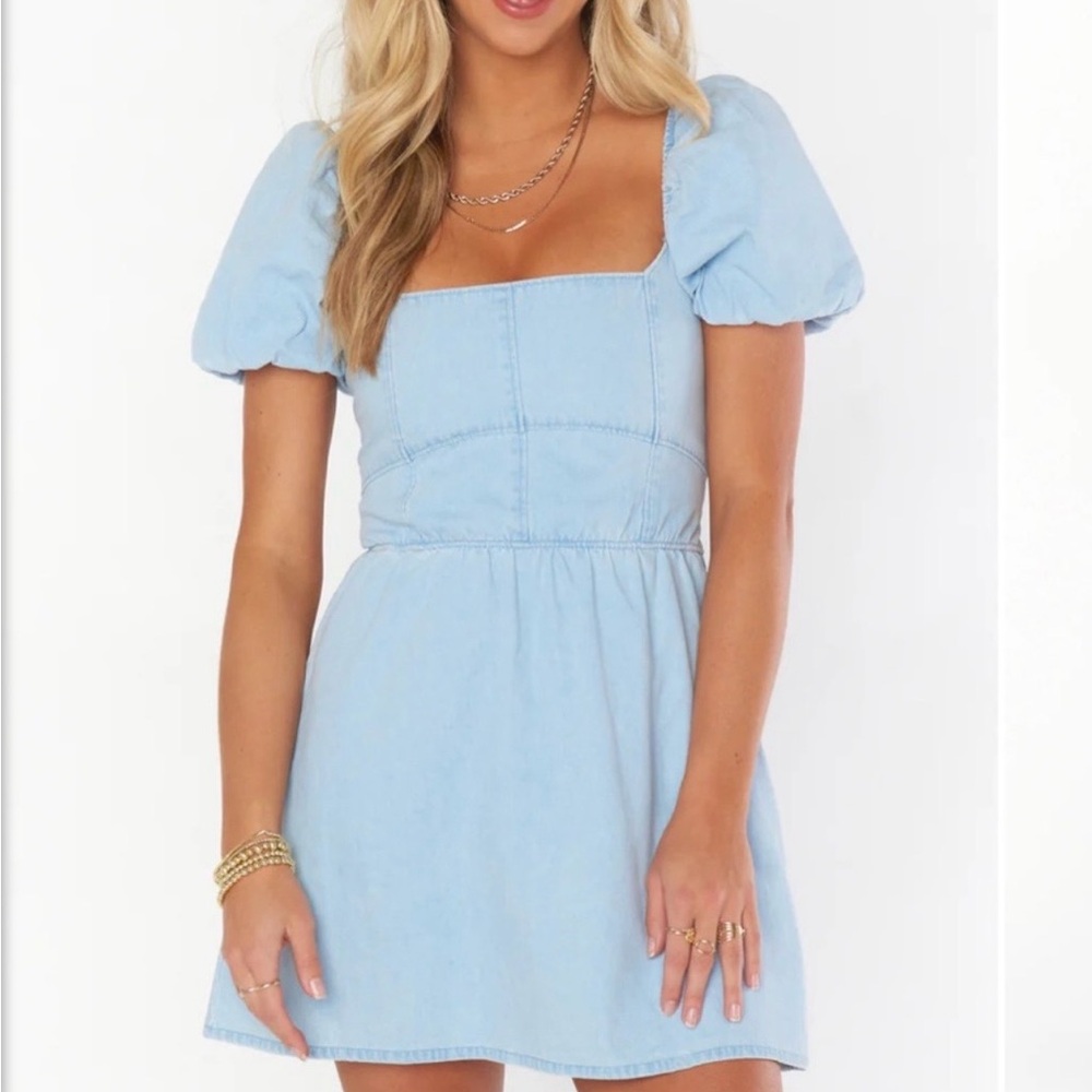Show Me Your MuMu Light Blue Puff-Sleeve Mini Dress